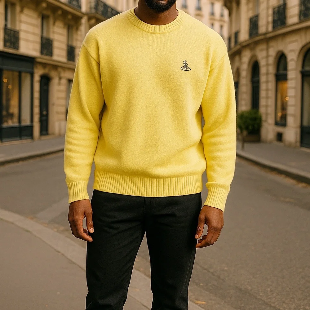 Faconnable Yellow Cotton Long Sleeve Crew Neck Sweater Men’s Size XL